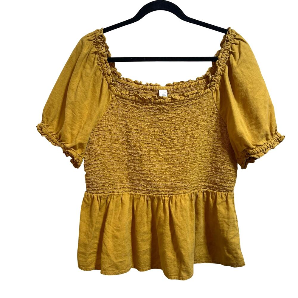Old Navy Puff Sleeve Smocked Peplum Blouse Mustard Yellow Linen Women's Large